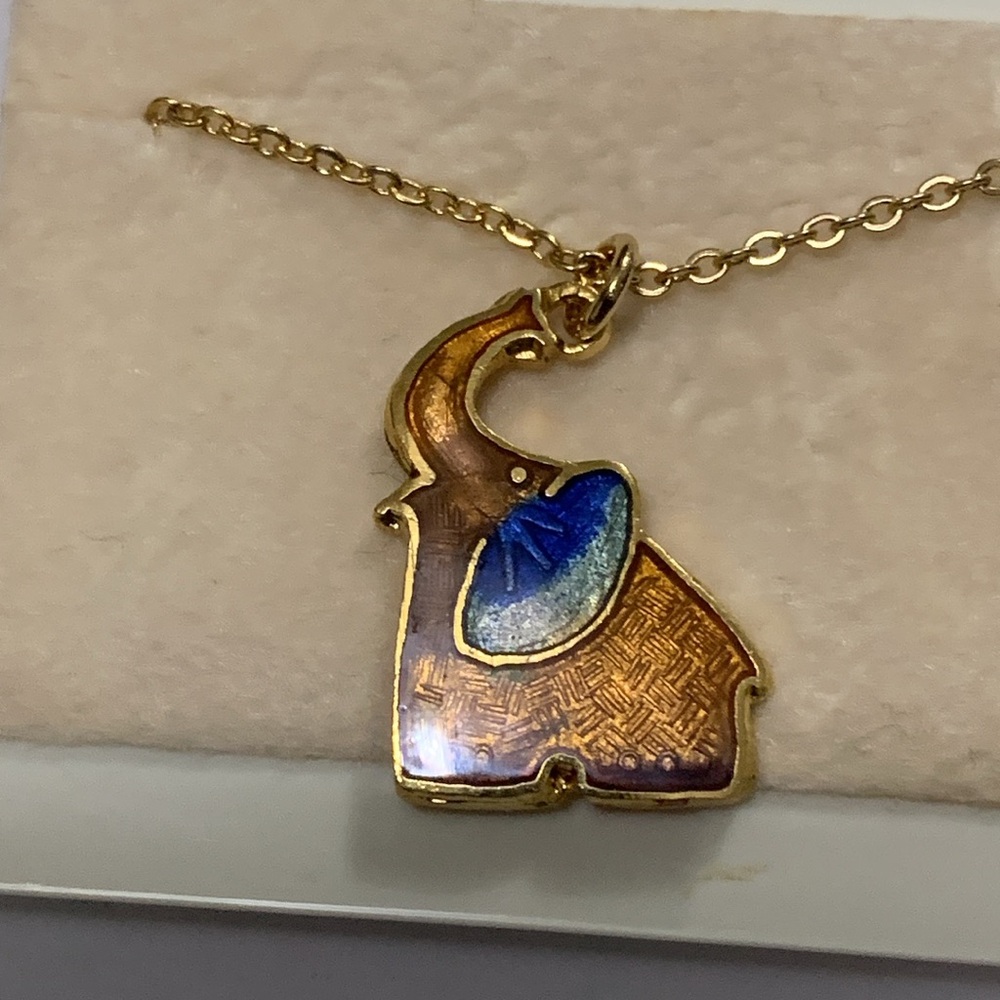 NEW Cloisonné Elephant necklace caramel blue gold